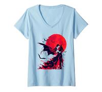 Donna Gothic Vampire Anime Horror Luna Piena Maglietta con Collo a V