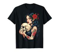 Donna Gotica con Teschio e Rose - Design Grafico Artistico Maglietta