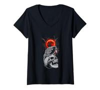 Donna Gotico Nero Corvo Teschio Luna Rossa Occulto Corvo Scuro Maglietta con Collo a V