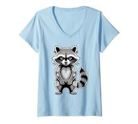 Donna Gotico Punk Raccoon Tatuaggio Piercing Cool Divertente Inchiostro Animale Maglietta con Collo a V