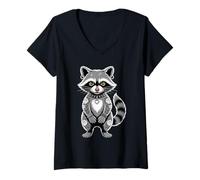 Donna Gotico Punk Raccoon Tatuaggio Piercing Cool Divertente Inchiostro Animale Maglietta con Collo a V
