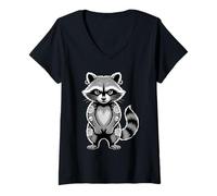Donna Gotico Punk Raccoon Tatuaggio Piercing Cool Divertente Inchiostro Animale Maglietta con Collo a V