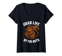 Donna Grab Life By The Nuts Funny Scoiattolo Maglietta con Collo a V