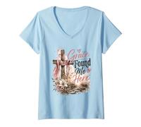 Donna Grace Found Me Here, Croce Cristiana Design Maglietta con Collo a V