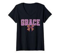 Donna Grace Leopard Bow Trendy Name Design per Donne e Ragazze Maglietta con Collo a V