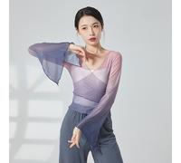 Donna Gradiente Velato a Rete Top Corto Scollo V Manica Svasata Avvolgere Danza