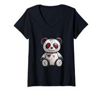 Donna Graffiti Teddy Bear Urban Art con Cuori Rossi e Occhi X Maglietta con Collo a V