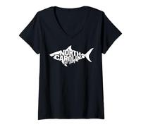 Donna Grafica a forma di pesce della Carolina del Nord Oak Island con sagoma di squalo OKI Maglietta con Collo a V