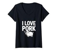 Donna Grafica a Fumetti I Love Pork Chef Pig Maglietta con Collo a V