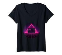 Donna Grafica a triangolo Synthwave Drum Machine Maglietta con Collo a V