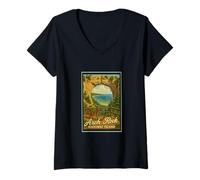 Donna Grafica artistica retrò vintage Arch Rock Mackinac Island Michigan Maglietta con Collo a V