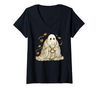 Donna Grafica Autunnale Accogliente Vintage Ghost Pumpkin Spice Latte Maglietta con Collo a V