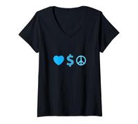 Donna Grafica Blu con Amore, ricchezza, Pace Maglietta con Collo a V