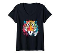 Donna Grafica Colorata della Testa della Tigre dell'acquerello Maglietta con Collo a V