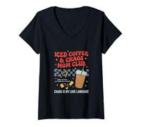 Donna Grafica della maternità retrò Anni '70 con caffè Freddo e Caos Mamma Club Maglietta con Collo a V