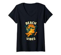 Donna Grafica Estiva con Gatto Divertente Beach Vibes Maglietta con Collo a V