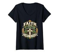 Donna Grafica «Faith Over Luck» con Croce Benedetta, Verde, con Trifoglio Maglietta con Collo a V