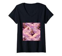 Donna Grafica Fantasy Castle Sky Dragons Floating Kingdom Maglietta con Collo a V