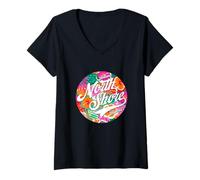 Donna Grafica Floreale Hawaiana per Le Vacanze sulla Spiaggia di North Shore a Haleiwa Maglietta con Collo a V