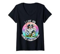 Donna Grafica Floreale per Cuccioli di Cane I Love My Bernese Mountain Maglietta con Collo a V