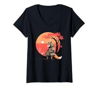 Donna Grafica Fox Warrior Tramonto Giapponese Ukiyo-e Art Maglietta con Collo a V