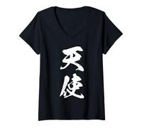 Donna Grafica Giapponese con Kanji '天使' (Angelo) Maglietta con Collo a V