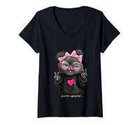 Donna Grafica Grigia con Doppio Segno della Pace con Occhiali Rosa Maglietta con Collo a V