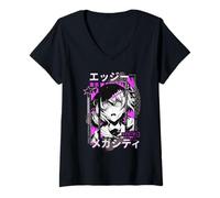 Donna Grafica in Stile Anime Edgy Tokyo Megacity Maglietta con Collo a V