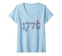 Donna Grafica invecchiata 1776 con stelle patriottiche rosse e blu Maglietta con Collo a V