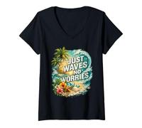 Donna Grafica Just Waves No Worries Tropical Beach Relax Maglietta con Collo a V
