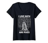 Donna Grafica Matematica Divertente per Cani I Love Math And Pugs Maglietta con Collo a V