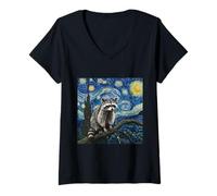 Donna Grafica Notte Stellata di Van Gogh Paffuto Raccoon Maglietta con Collo a V