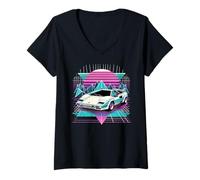 Donna Grafica per Auto Sportive Synthwave Retrowave Anni '80 Maglietta con Collo a V