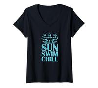 Donna Grafica per Nuotatore da Spiaggia Sun Swim Chill Maglietta con Collo a V