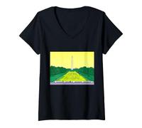 Donna Grafica Pop Art retrò con monumento di Washington e alghe satira Maglietta con Collo a V