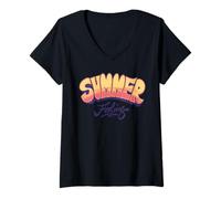 Donna Grafica retrò atmosfera tramonto estate | Fun Summertime Maglietta con Collo a V