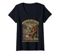 Donna Grafica retrò della Foresta criptica di Bigfoot Mountain Camping Maglietta con Collo a V