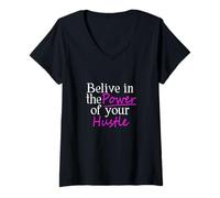 Donna Grafica Rosa con Scritta Believe in Your Hustle Maglietta con Collo a V