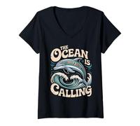 Donna Grafica The Ocean Is Calling Dolphin per Gli Amanti del Mare Maglietta con Collo a V