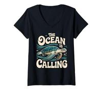 Donna Grafica The Ocean is Calling Sea Turtle Adventure Maglietta con Collo a V