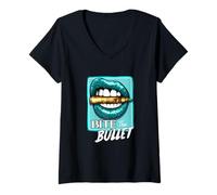 Donna Grafica Turchese Bite The Bullet Turchese Maglietta con Collo a V