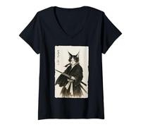 Donna Grafica vintage retrò Ukiyo-e Warrior con gatto samurai Maglietta con Collo a V
