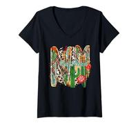 Donna Grafico dell'orgoglio dello Stato del Fiore del Deserto del New Mexico Cactus Maglietta con Collo a V
