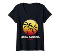 Donna Gran Canaria Retro Palm Tramonto Spiaggia Tropicale Maglietta con Collo a V