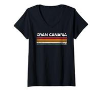 Donna Gran Canaria Spagna Retro Palma Tramonto Spiaggia Tropicale Maglietta con Collo a V