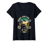 Donna Grand Junction, CO, USA, Hotrod, Design retrò al Tramonto nel Deserto Maglietta con Collo a V