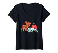 Donna Grand Teton National Park Moose & Mountains Typography Maglietta con Collo a V