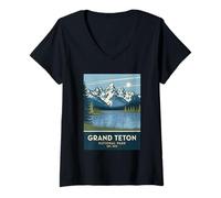 Donna Grand Teton National Park Vintage Campeggio Escursionismo Uomo Donna Maglietta con Collo a V