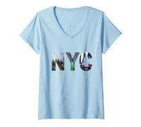 Donna Grande Mela, NYC, monumenti, Statua libertà, Orizzonte Maglietta con Collo a V