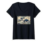 Donna Grande Onda Ukiyo-e Giapponese Tradizionale Dinosauro t-Rex Maglietta con Collo a V